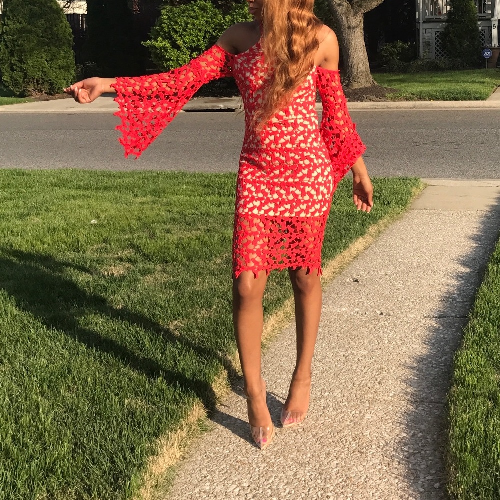 Red Flared Sleeve Midi Dress